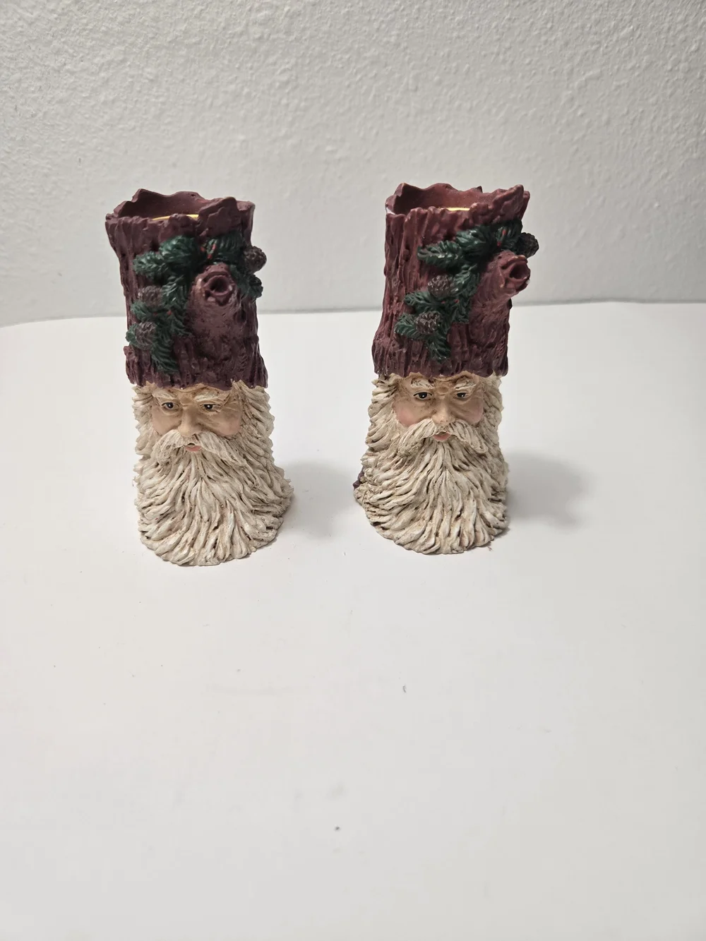 2- Vintage Woodland Santa Claus Resin Taper Candle Holders